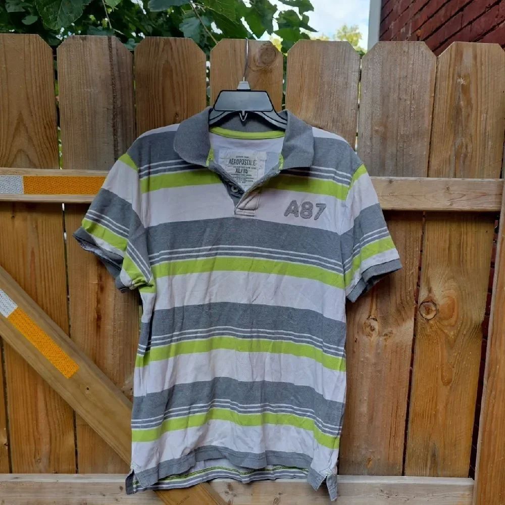 Aeropostale Gray and Green Striped Polo Shirt